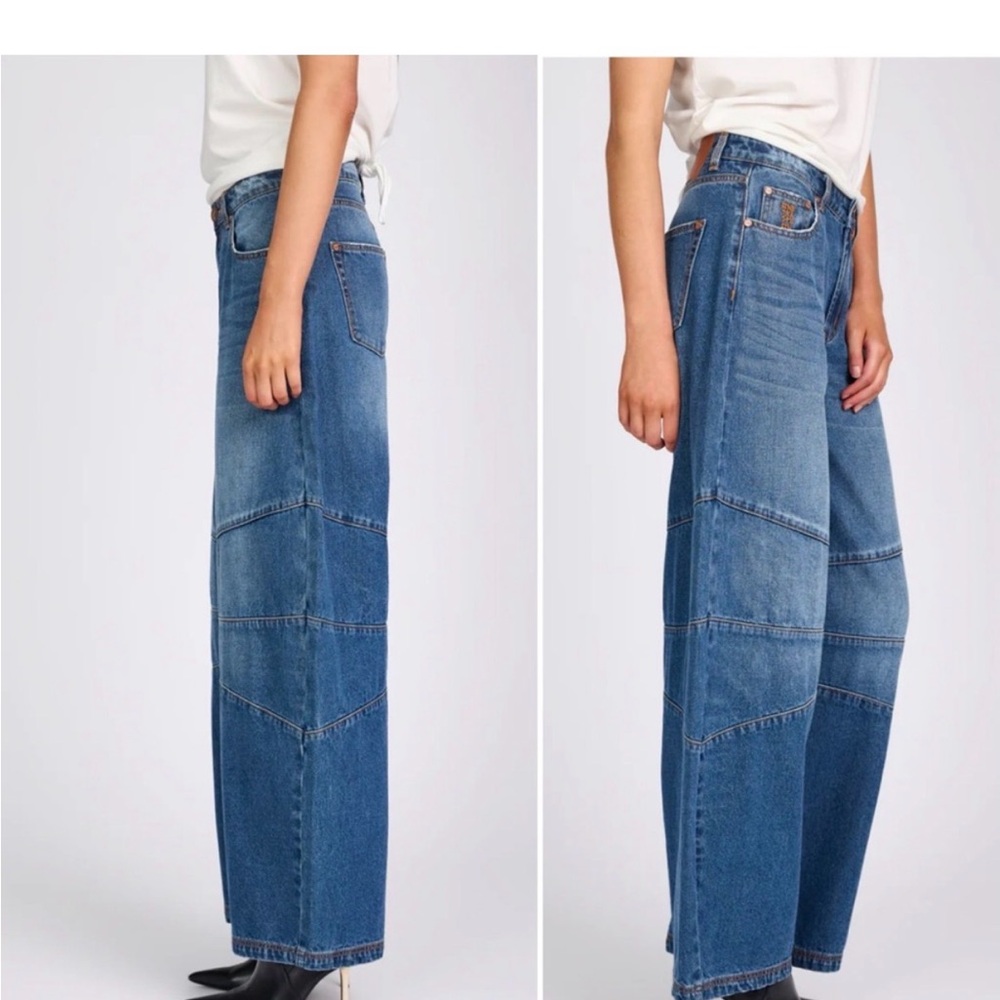 NWT Free People x One Teaspoon Barrel Leg Seamed Jeans in Deep Pacifica Jeans - Picture 2 of 6